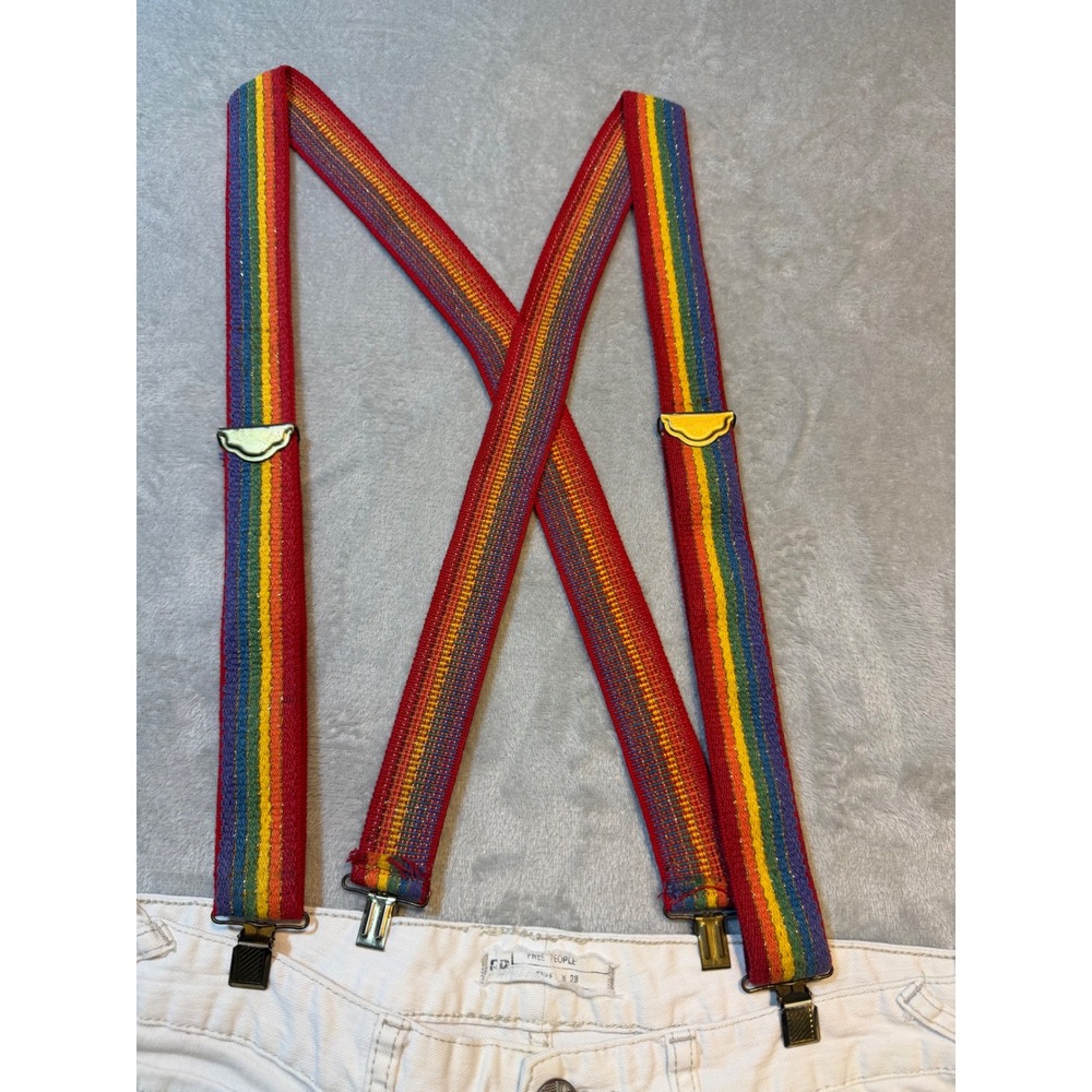 Vintage 1970s Rainbow Striped Suspenders Gold Shimmer Metallic Y-Back Braces